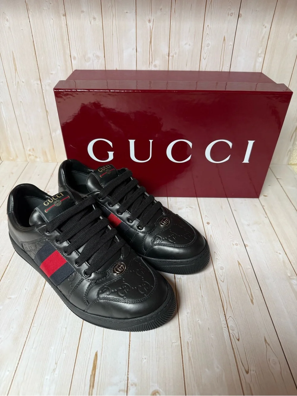 Gucci Men’s Black Leather Sneakers with Red & Navy Stripe